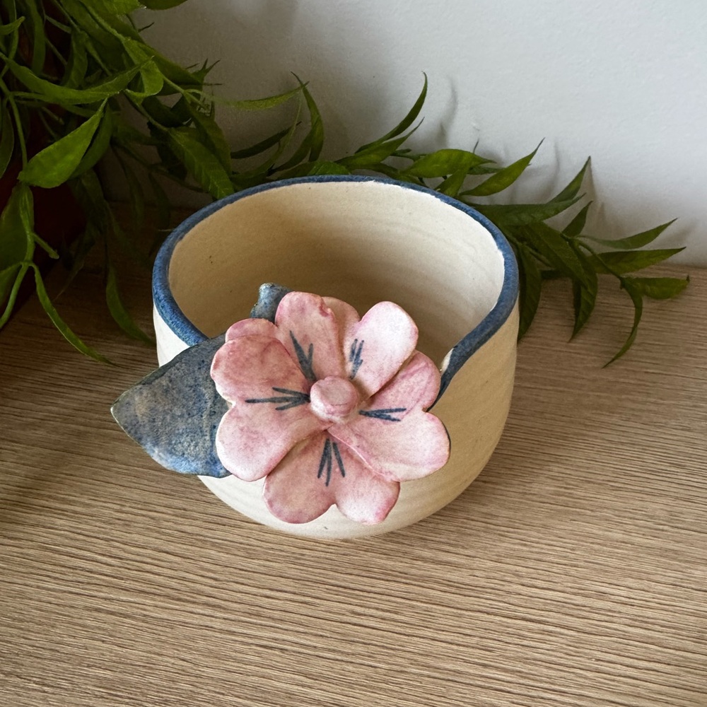 Handcrafted Ceramic Flower Pot with Pink Blossom